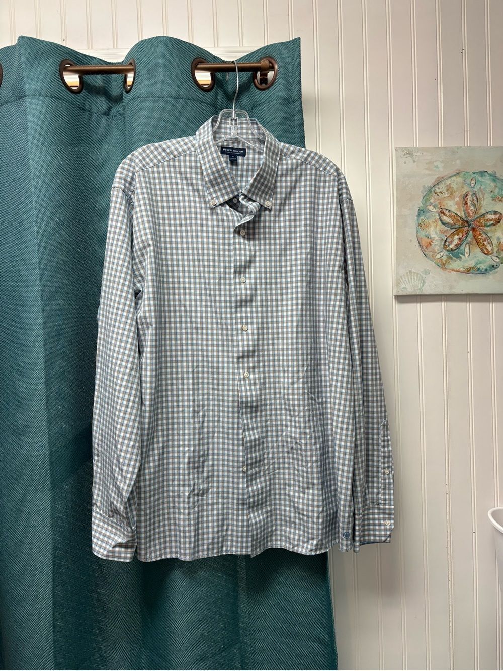 Peter Millar Long Sleeve Button Down in Blue, Tan & White Size XL